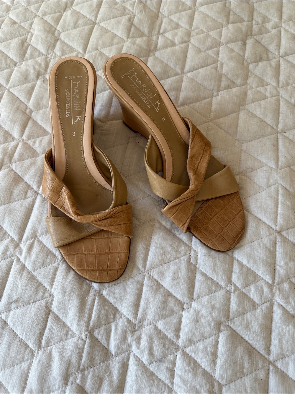 Aquatalia Tan Croc-Embossed Knot Mule Heels